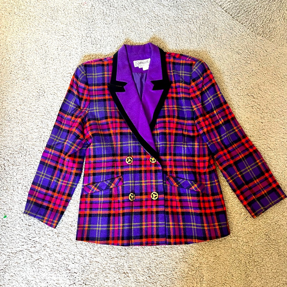 Vintage Wool Plaid Contrast Trim Blazer